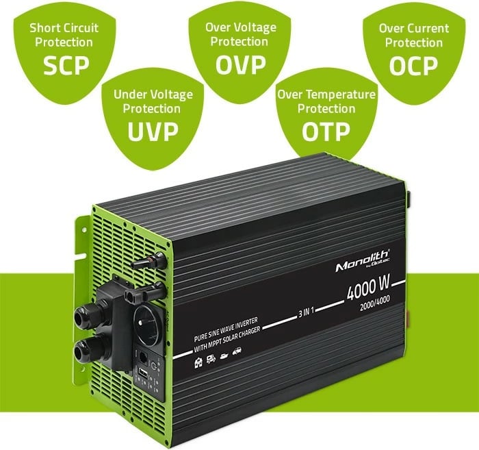 Invertor solar 3-në-1 Qoltec Monolith 51914, 2000W/4000W, 12V në 230V, MPPT, valë e pastër, zi/gjelbër Invertor solar 3-në-1 Qoltec Monolith 51914, 2000W/4000W, 12V në 230V, MPPT, valë e pastër, zi/gjelbër