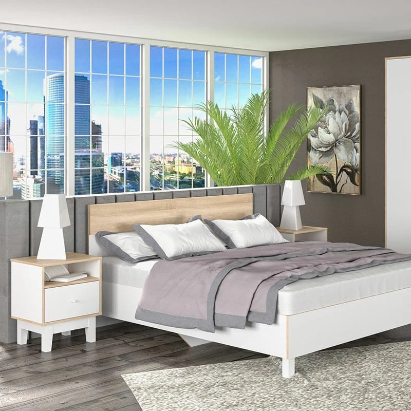 Komodinë nate Awell ngjyrë sonoma-bardhë 45x44x58cm, set prej 2 copash