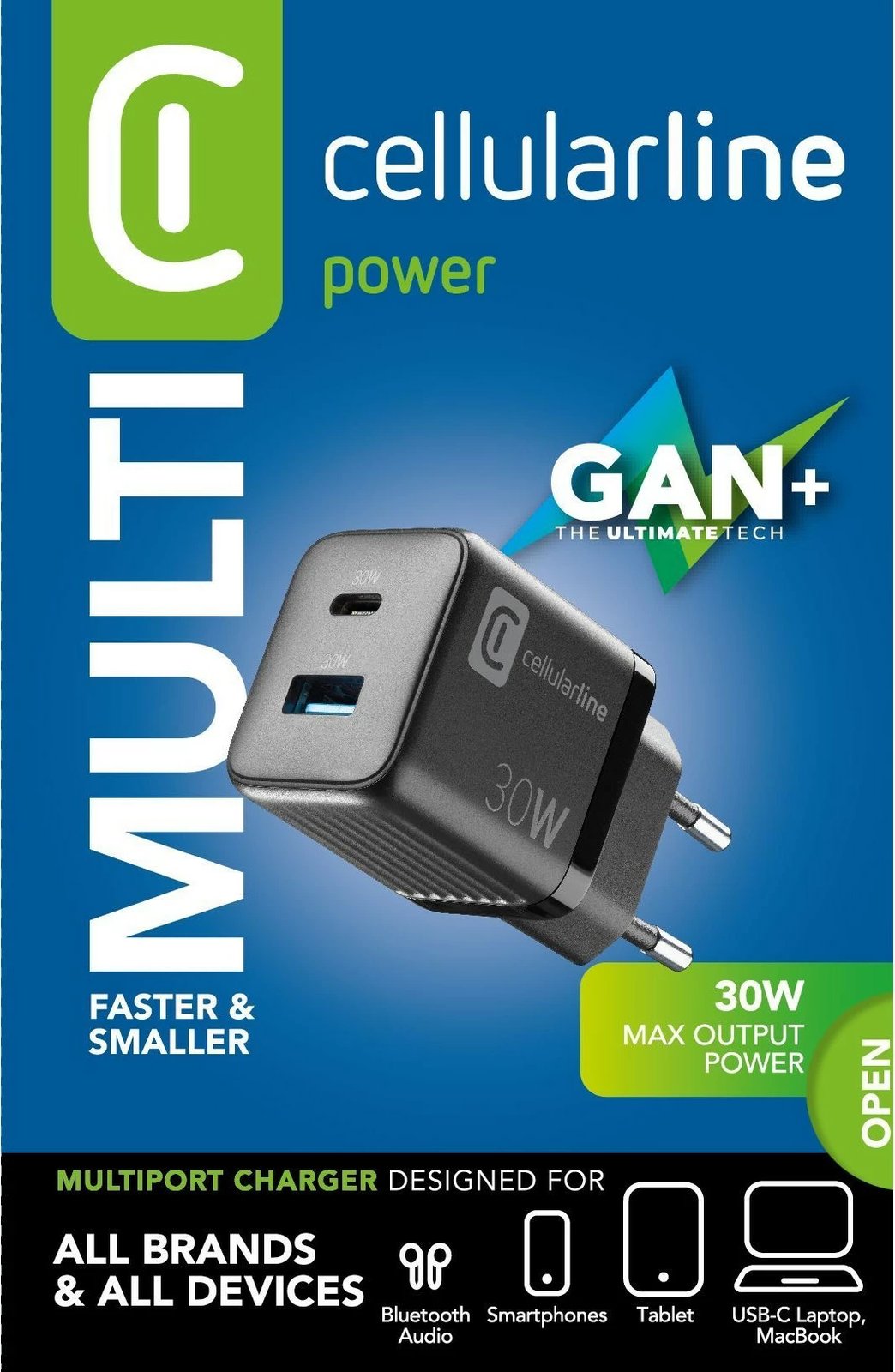 Karikues universal Cellularline MULTIPOWER MICRO 30W, GaN, 2 porta, i zi