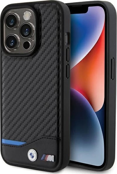 Mbështjellës BMW Leather Carbon MagSafe për iPhone 15 Pro, i zi