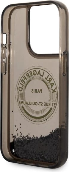 Mbështjellës Karl Lagerfeld Liquid Glitter RSG për iPhone 14 Pro, i zi