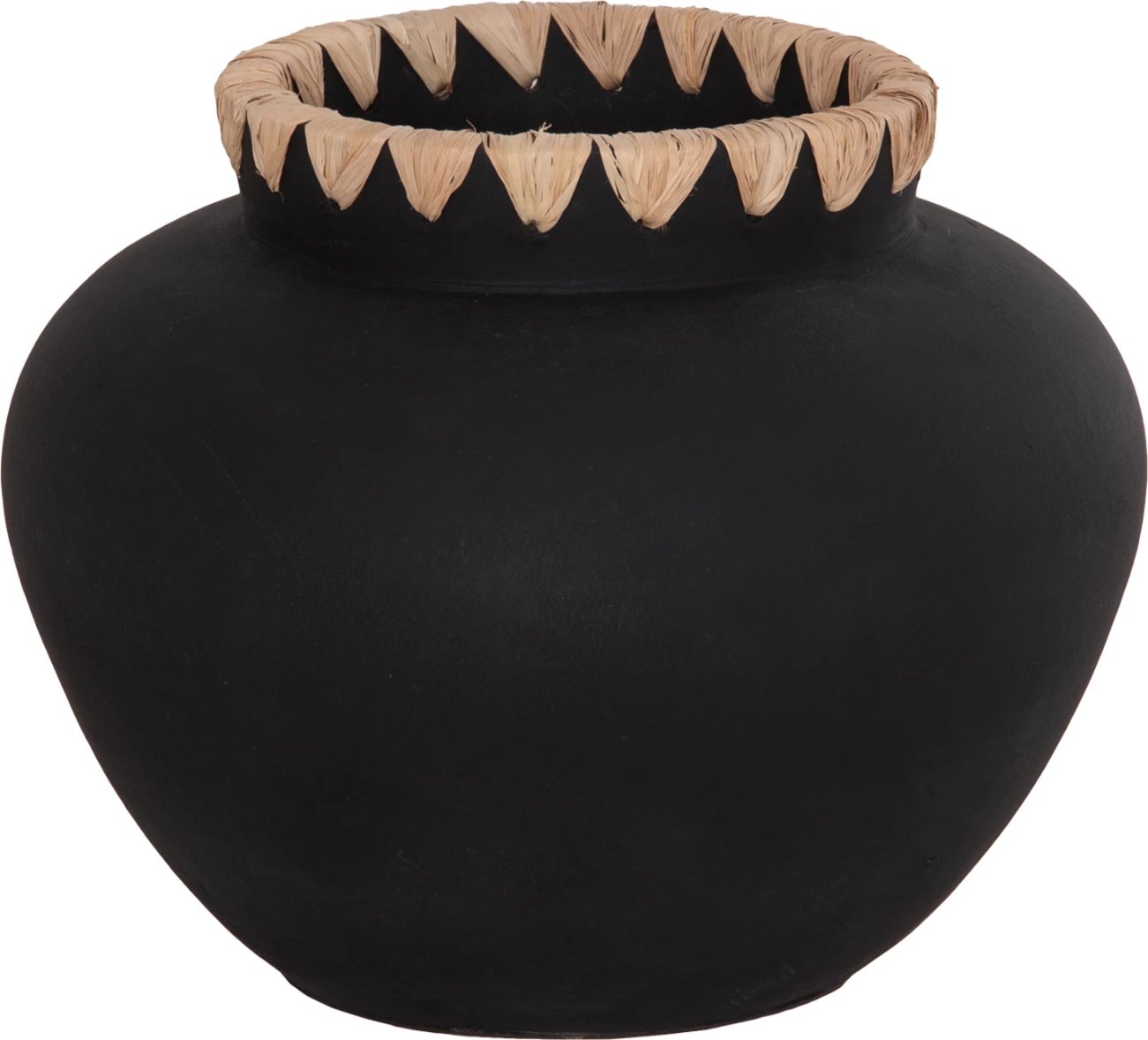 Vazo dekorative RENTON(L), terrakota, FH4370, ngjyrë e zezë, me thurje kashte në buzë, Φ32x26.5H cm