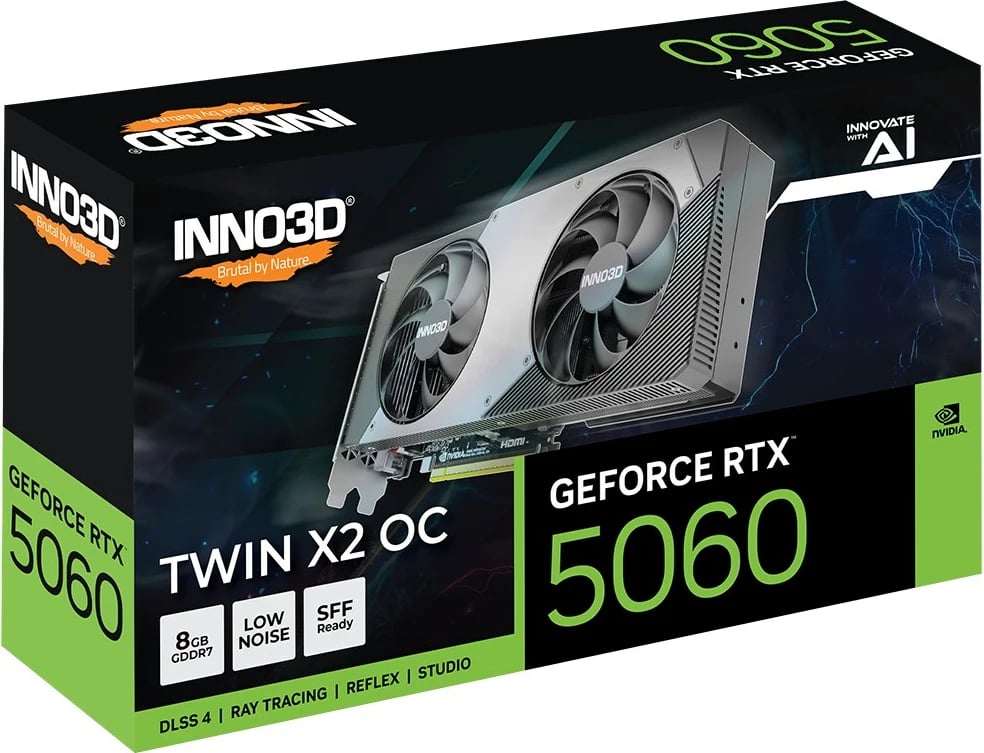 Kasë grafike INNO3D GeForce RTX 5060 Twin X2 OC, 8 GB GDDR7, e zezë