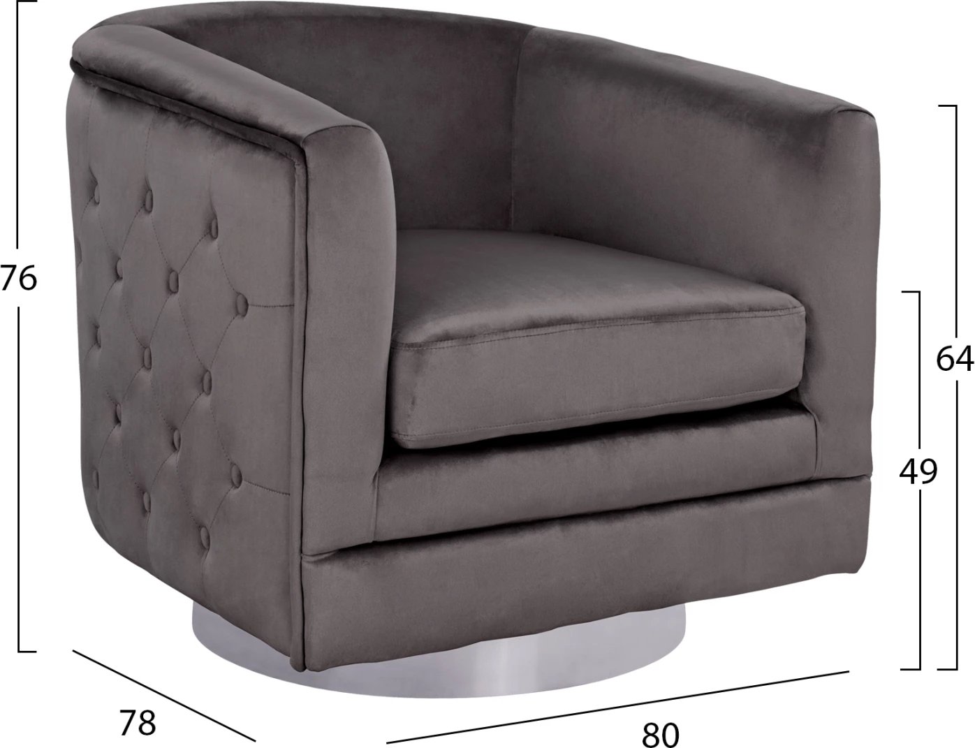 Fotelje prej kadifeje, ngjyrë hiri, bazë argjendi, FH8494.01, 80x80x76 cm