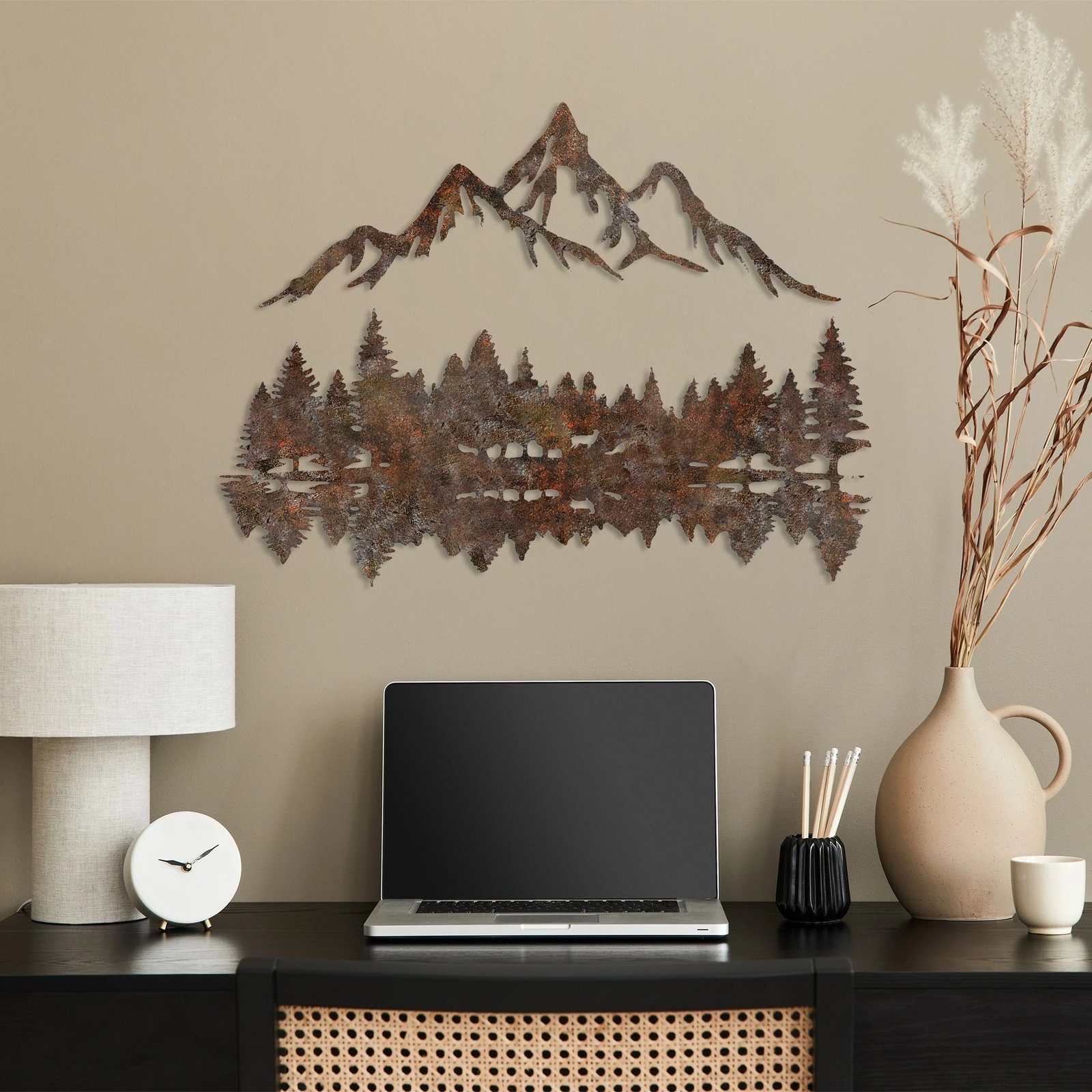 Aksesor dekorativ metalik për mur, peizazh me ngjyrë të ndryshkur, Wallity