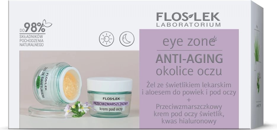Set për kujdesin e syve Floslek Eye Zone me xhel luleradhiqe dhe aloe 10g + krem anti-rrudhë luleradhiqe dhe acid hialuronik 15ml për femra, 2 copë