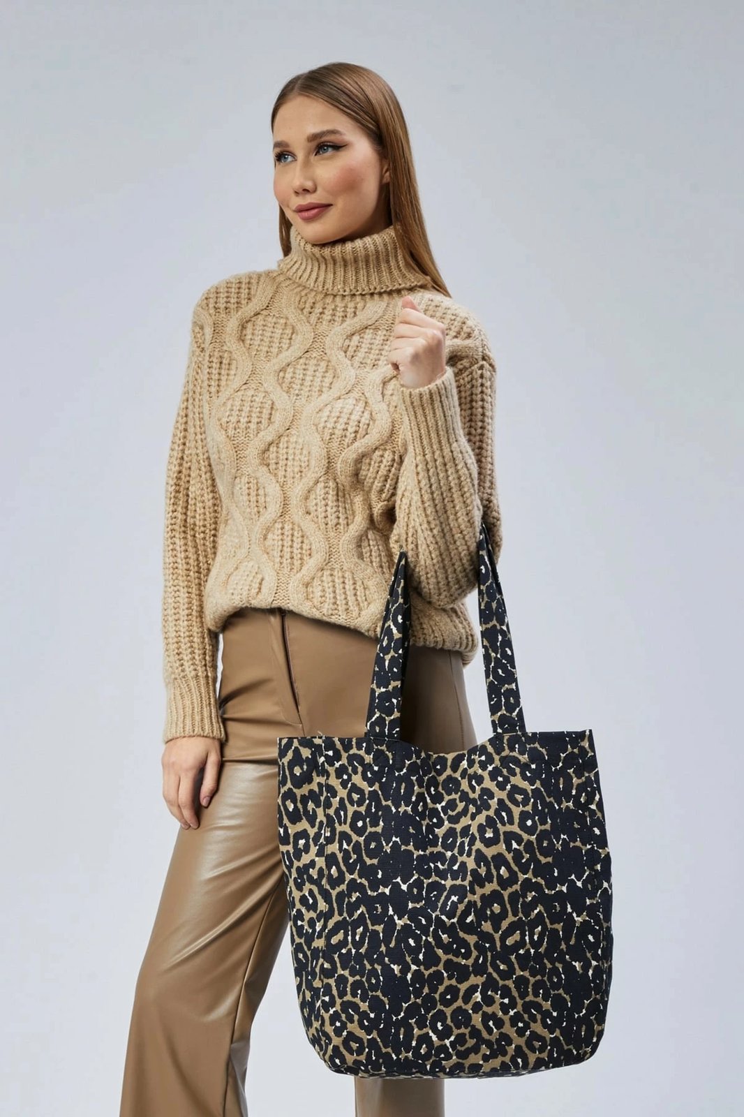 Çantë tote Zoozie Bags, 2267, krem me leopard