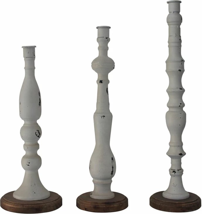 Set mbajtës qirinjsh LA POUPEE, 3 copë, metal i bardhë, dru natyral, 11x11x45 cm