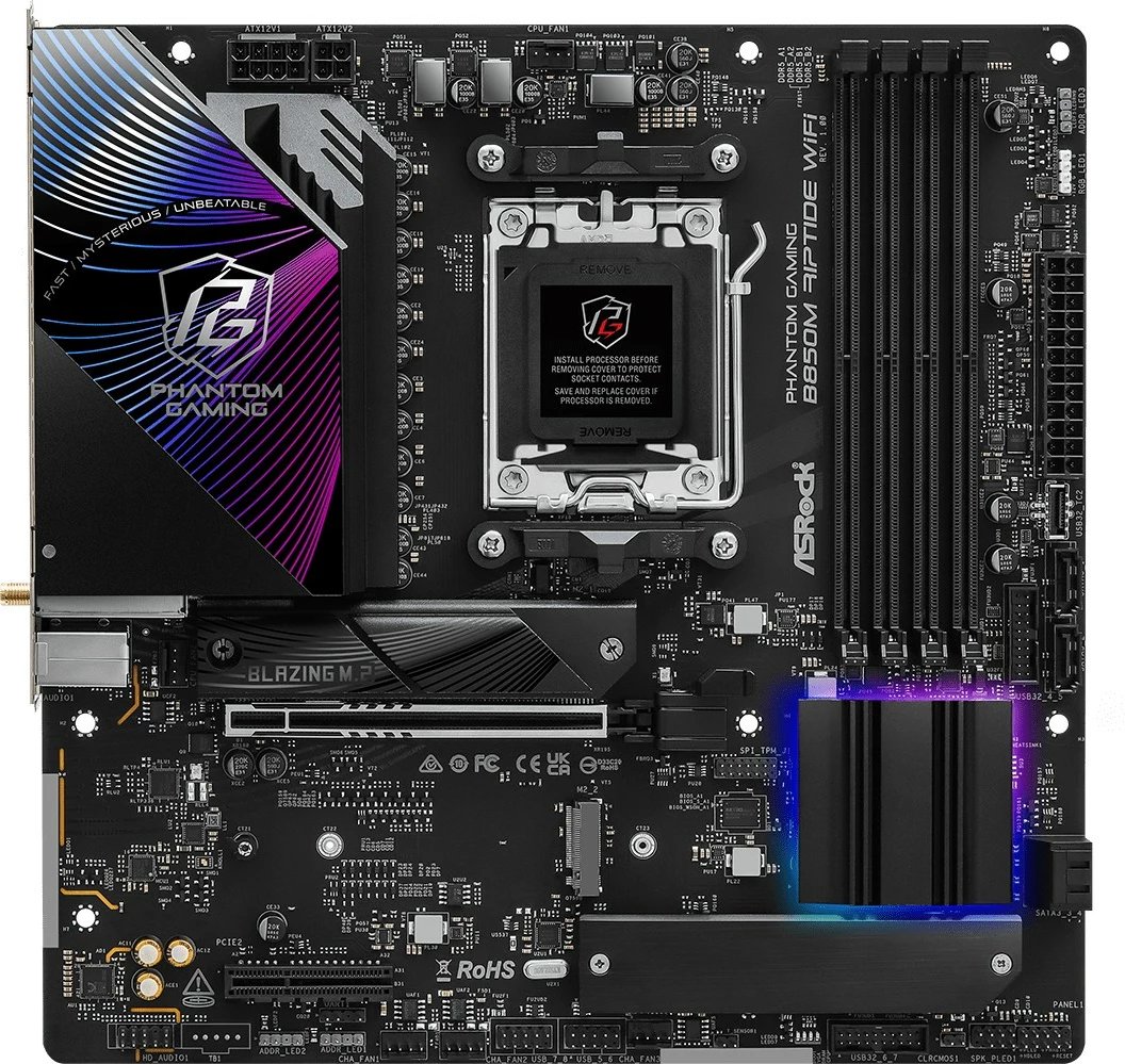 Pllakë amë ASRock Phantom Gaming B850M Riptide WiFi, AMD, Socket AM5, DDR5-SDRAM, 256 GB