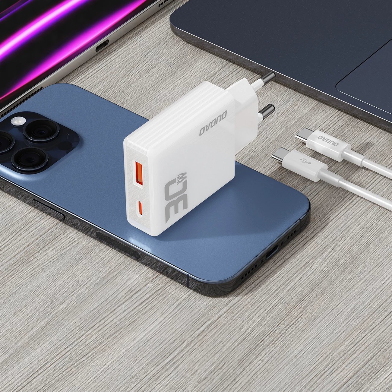 Karikues muri Dudao A30EUT GaN 30W me 2 porta USB-A/USB-C dhe kabllo USB-C në USB-C, Bardhë Karikues muri Dudao A30EUT GaN 30W me 2 porta USB-A/USB-C dhe kabllo USB-C në USB-C, Bardhë