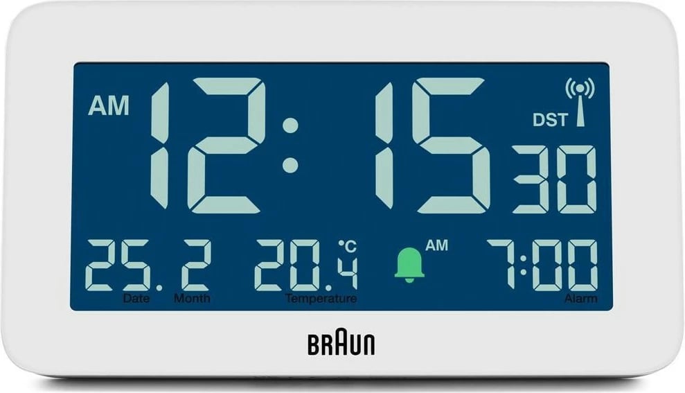 Alarm digjital Braun BC10, ekran LCD, termometër, orar 12/24h, bardhë Alarm digjital Braun BC10, ekran LCD, termometër, orar 12/24h, bardhë