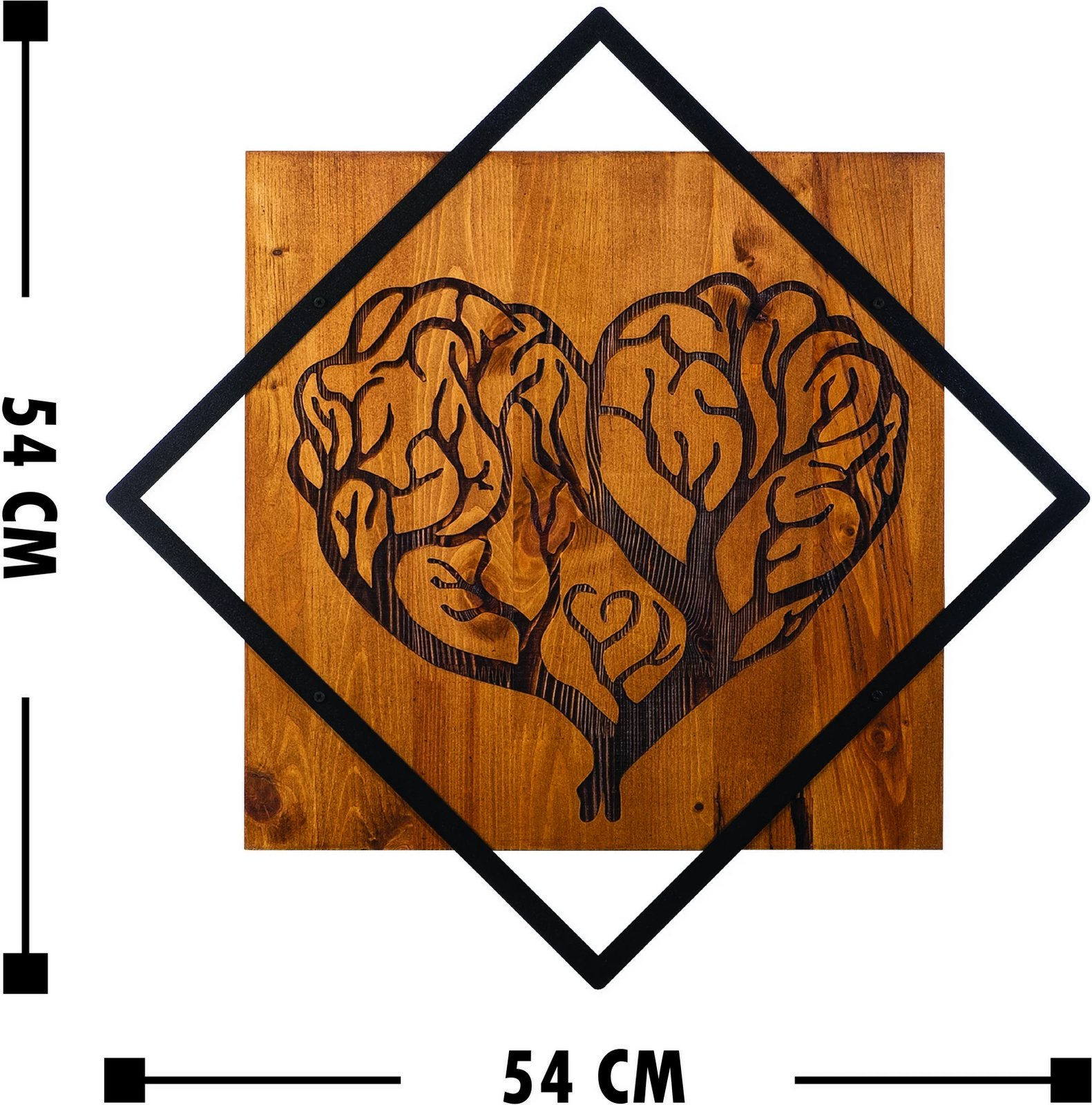 Aksesor dekorativ për mur, dru dhe metal, Wallity, zemër pemë, ngjyrë arre/zezë, 54x54cm