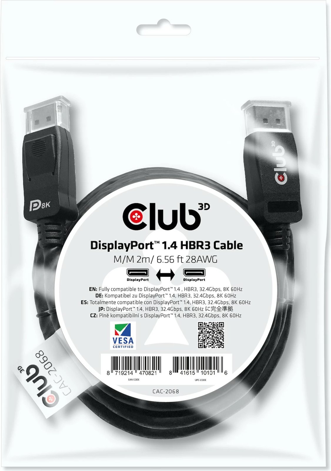Kabllo DisplayPort Club3D 1.4 HBR3 2m 8K60Hz, e zezë