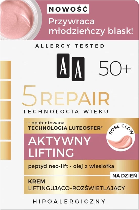 Krem dite lifting dhe ndriçues për fytyrë për femra AA Technologia Wieku 5Repair 50+ Active Lifting Day Cream, 50ml
