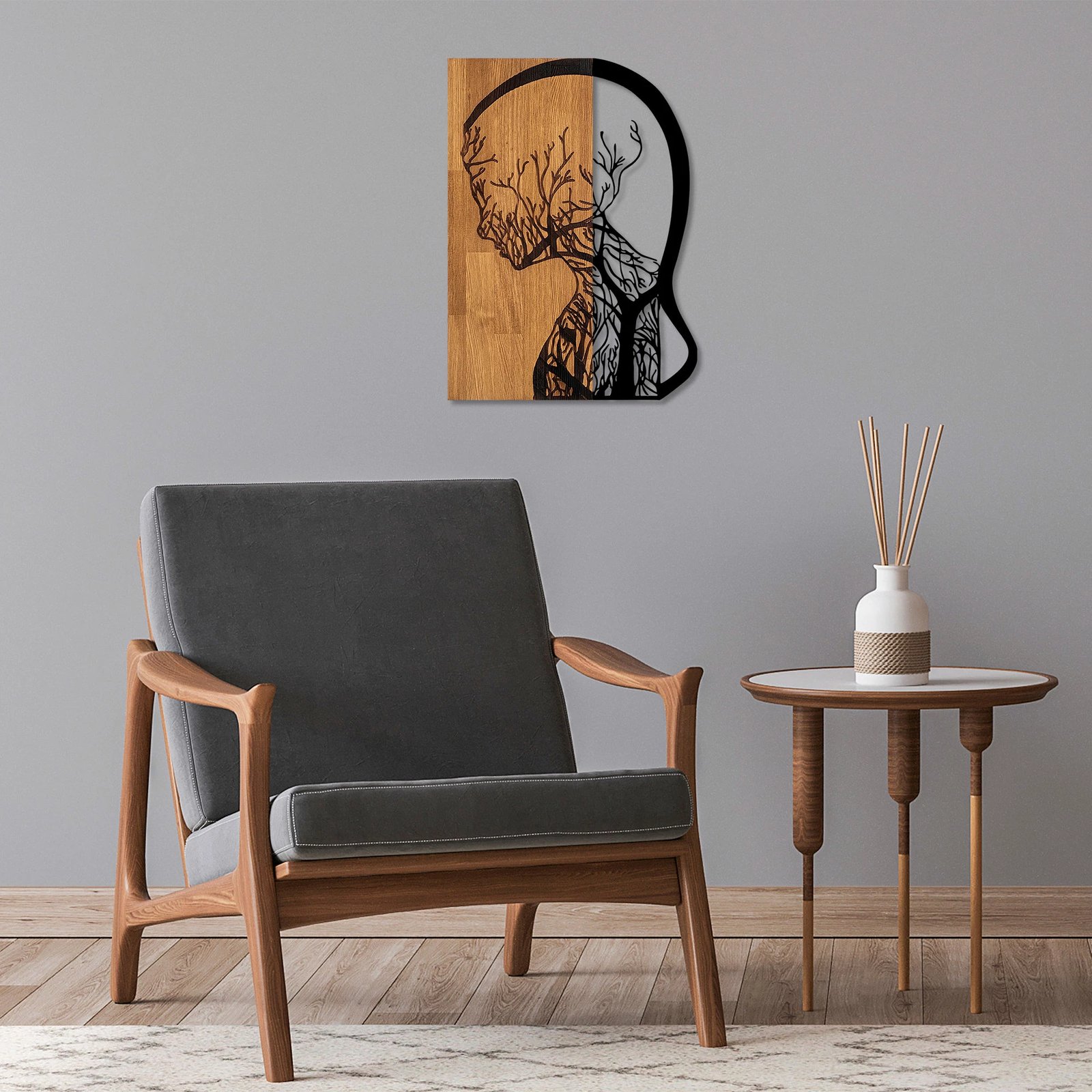 Aksesor dekorativ muri, dru dhe metal, dizajn grua-pemë, ngjyrë arre, 43x58cm