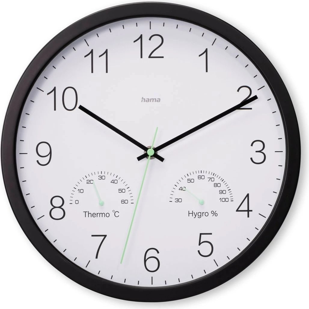 Orë muri, Hama, 185885, 30 cm analog me higrometër dhe termometër, e zezë