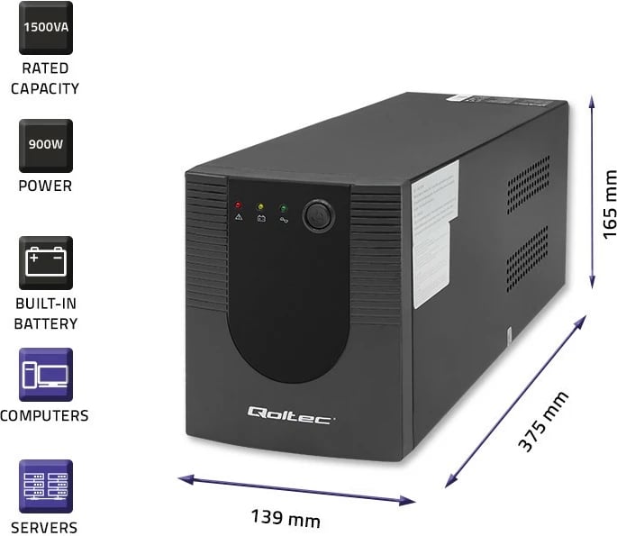 UPS Qoltec 53776, 1500VA, 900W, Midi Tower, Zi UPS Qoltec 53776, 1500VA, 900W, Midi Tower, Zi