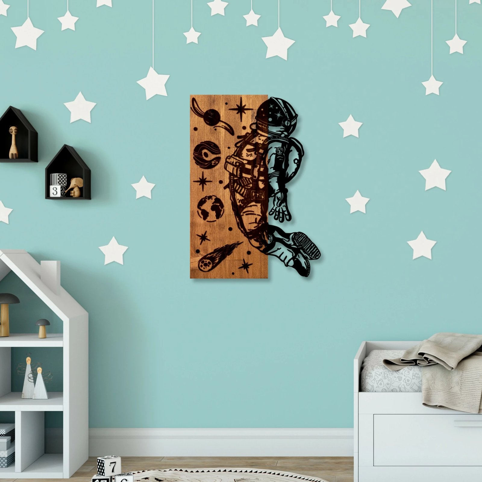 Aksesor dekorativ për mur, dru dhe metal, temë kozmike, ngjyrë arre dhe e zezë, Wallity