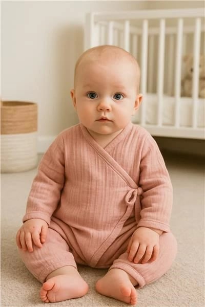 Kombinezon bebesh, New Baby, muslin pambuk 100%, me lidhëse anësore dhe kopsa, mëngë të gjata, për vajza, madhësia 62 (3-6m), rozë