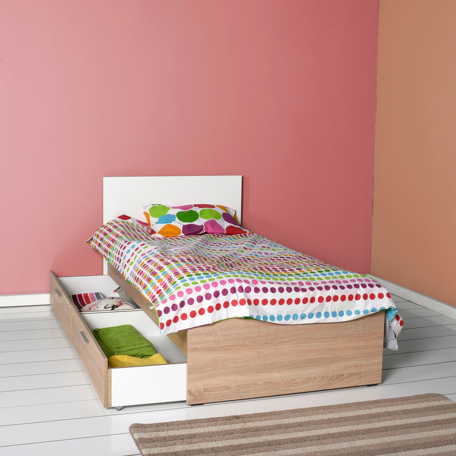 Krevat teke me sirtarë, ngjyrë sonomo dhe e bardhë, Hanah Home, Kry-792-Sd-2