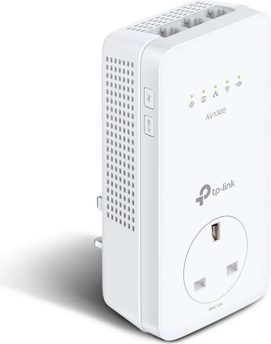 Zgjerues Wi‑Fi Powerline me prizë kaluese, TP-Link TL-WPA8631P, AV1300 Gigabit, AC1200 Dual-Band, 3x Gigabit Ethernet, OneMesh, i bardhë