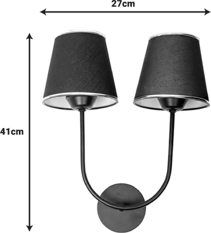 Llambë muri me 2 drita, abazhur ngjyrë zezë-argjendi, metal i zi, 27x13x41cm