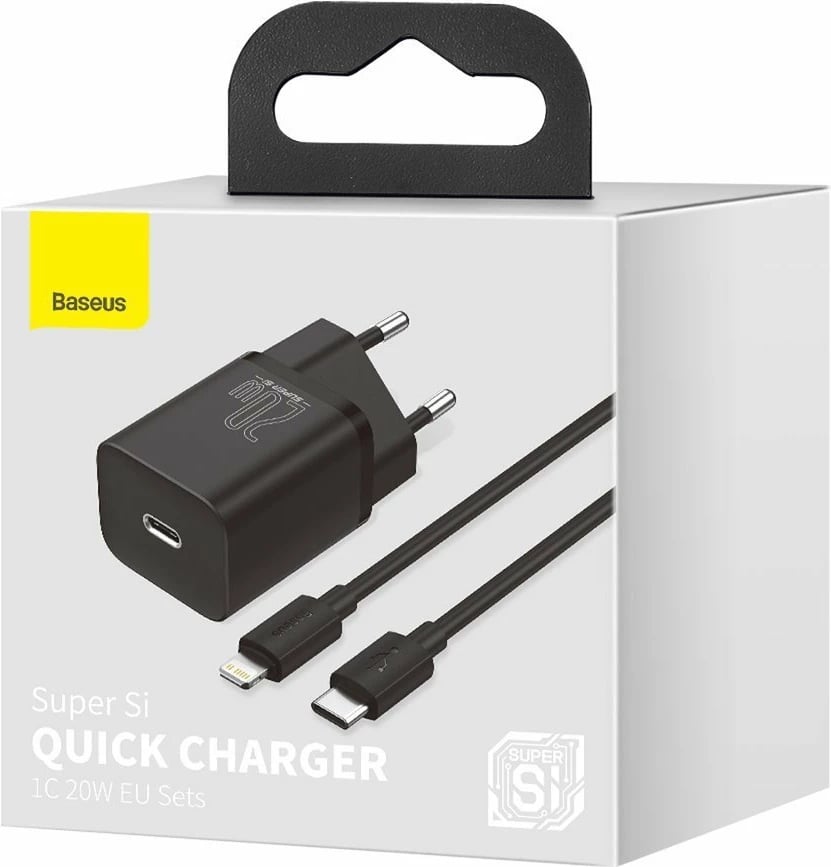 Karikues muri Baseus Super Si 1C, 20W, USB-C, me kabllo USB-C në Lightning 1m, Zi Karikues muri Baseus Super Si 1C, 20W, USB-C, me kabllo USB-C në Lightning 1m, Zi