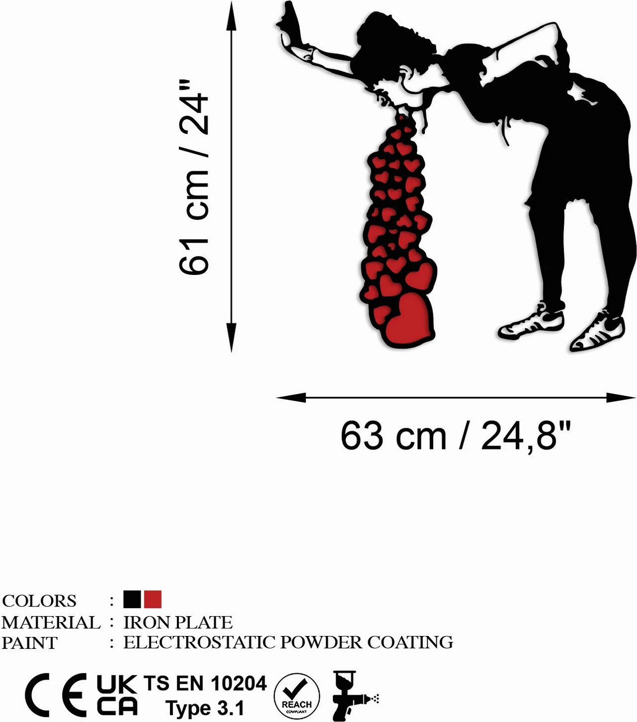 Aksesor dekorativ metalik për mur, Banksy 12, zi e kuqe, 63x61cm