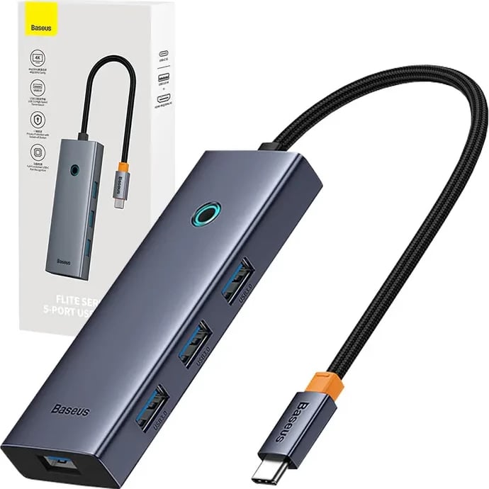 Hub USB-C, Baseus Flite Series B00052809813-00, 5 porta 1x HDMI 4K@30Hz + 4x USB 3.0 5Gbps, gri