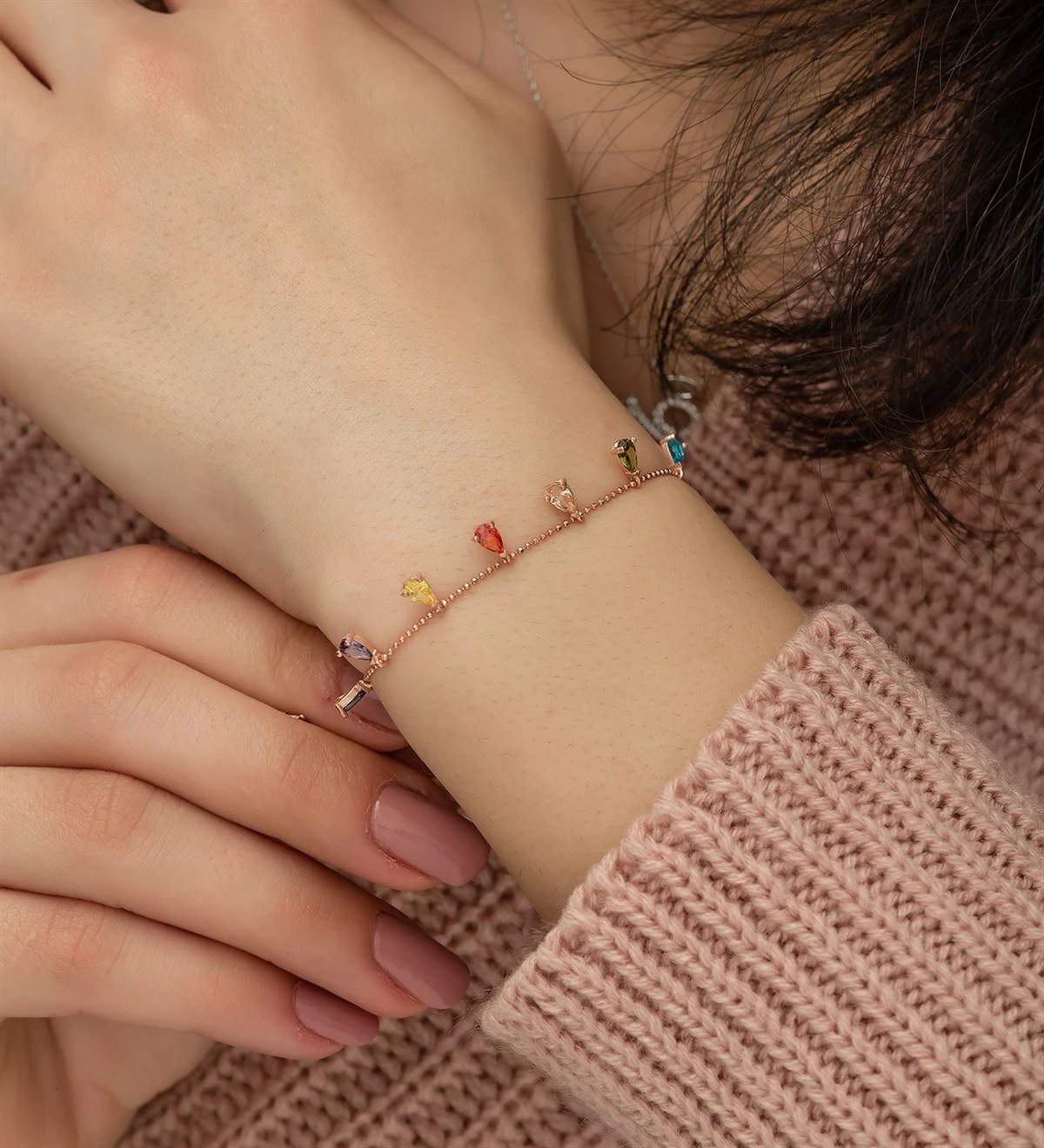 Byzylyk argjendi Jumeon, NRZ1052, ngjyrë rozë e artë, gurë zirkon shumëngjyrësh