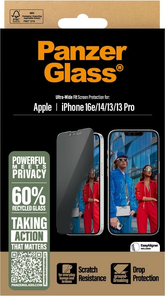 Mbrojtës ekrani PanzerGlass Privacy UWF për iPhone 16e/14/13/13 Pro, transparent