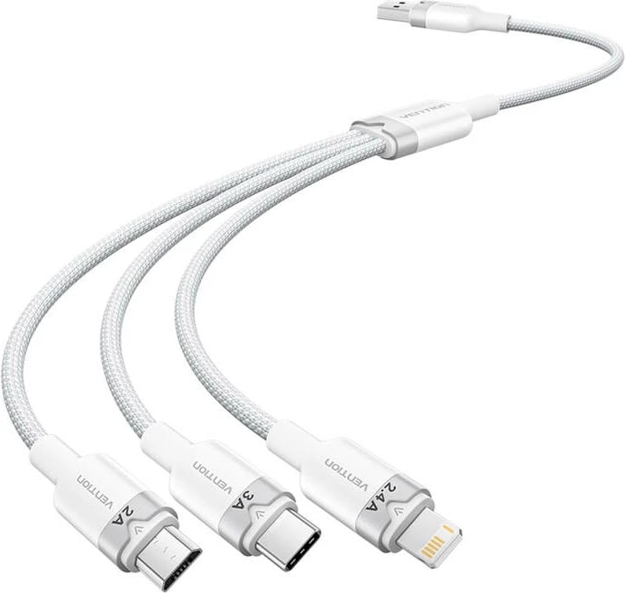 Kabllo 3-në-1 Vention CTPWG, USB 2.0 A në USB-C/Lightning/Micro-B, 1.5m, Bardhë