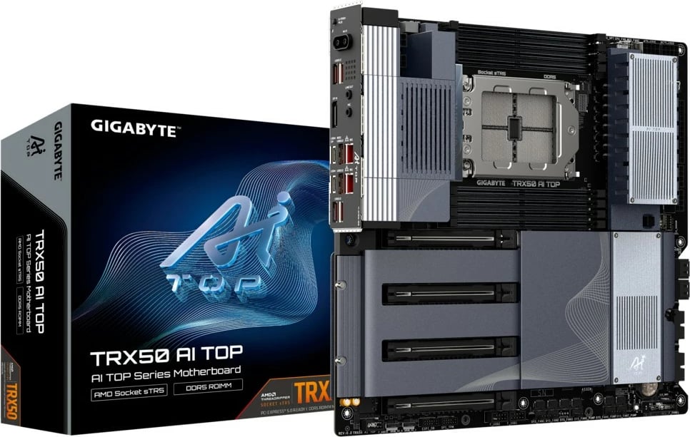 Pllakë amë, Gigabyte TRX50 AI TOP 1.1, sTR5, AMD TRX50, 8 DDR5 ECC R-DIMM deri 2 TB, 4x PCIe 5.0 x16, 4x M.2, 2x USB4, 2x 10GbE, Wi‑Fi 7, DisplayPort