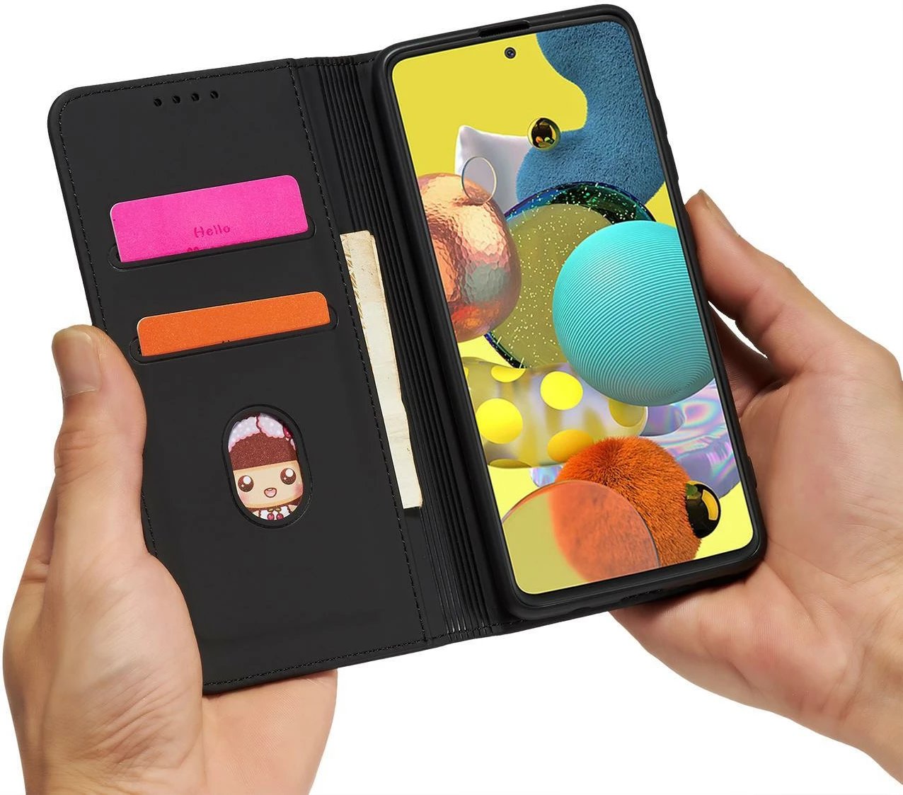 Mbështjellës Hurtel Magnet Card Case për Samsung Galaxy A12 5G, me portofol dhe mbajtëse, i zi