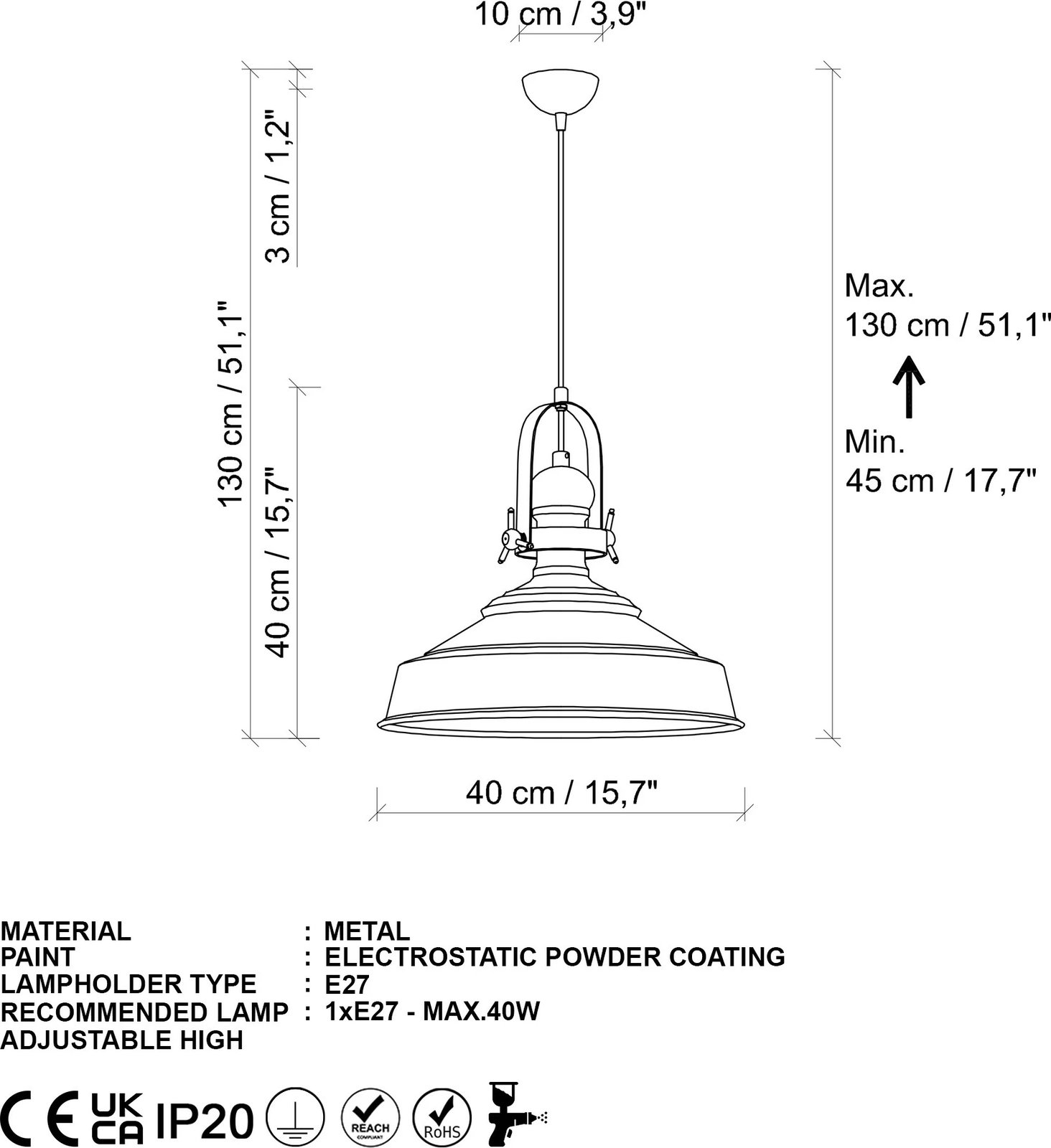 Llambë tavani Opviq Craft, e zezë, 41cm, 45-130cm lartësi, 1xE27