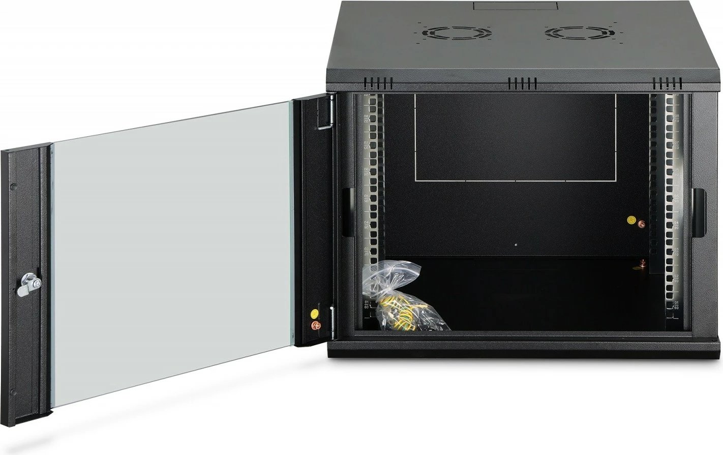 Kabinet rrjeti muror Digitus DN-37107 19" 9U 474x600x600mm derë xhami IP20 kapacitet 60kg i pa-montuar, zezë