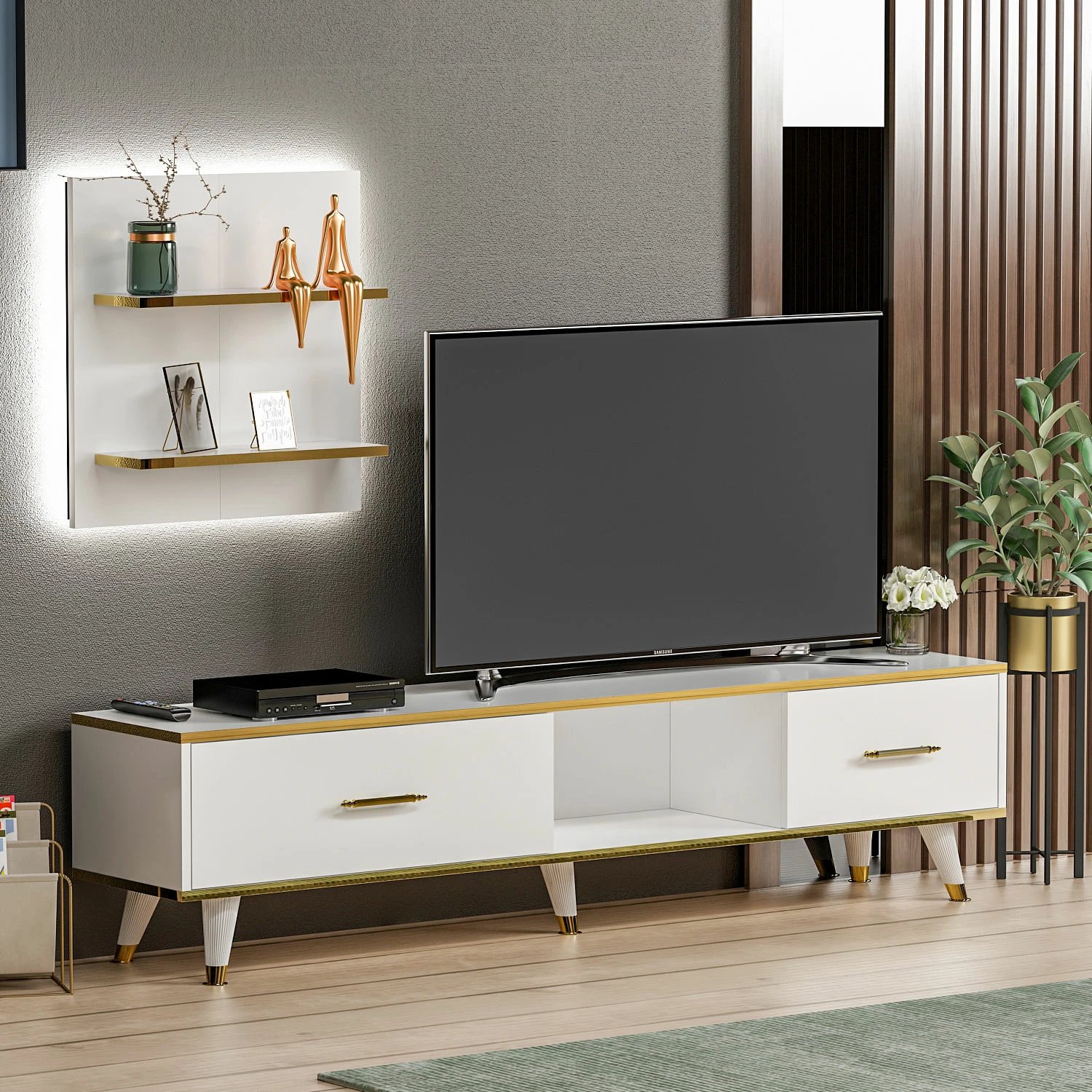 Komodë TV Hanah Home, Aren, e bardhë dhe ari, moderne Komodë TV Hanah Home, Aren, e bardhë dhe ari, moderne