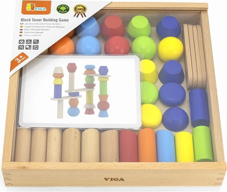 lojë blloqesh druri, Viga Building Towers, 46 copa me 6 karta modeli, kuti ruajtëse druri, shumëngjyrëshe