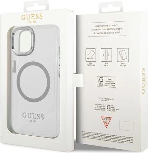 Mbështjellës Guess GUHMP14SHTRMS për iPhone 14 6.1", hardcase, MagSafe, argjendtë/transparent