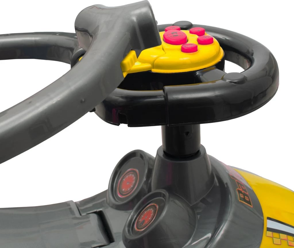 Makinë lodër 3‑në‑1 ride‑on, BABY MIX Mega Car, për 12–36 muaj, kapacitet 23 kg, dorezë shtytëse dhe mbrojtëse anësore, panel muzike, e verdhë