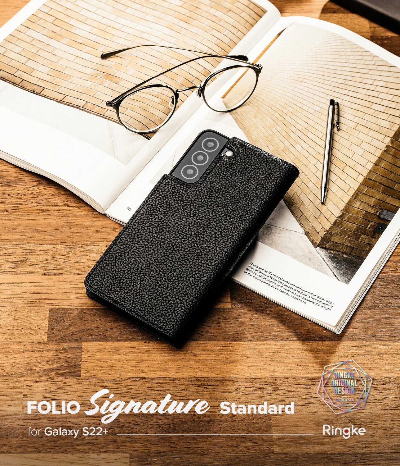 Mbështjellës Ringke Folio Signature për Samsung Galaxy S22+, lëkurë sintetike, e zezë