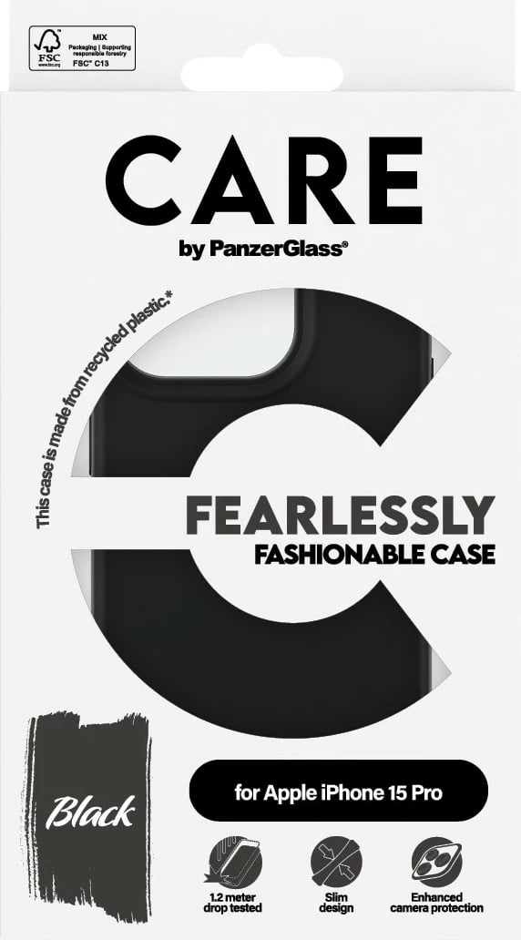 Mbështjellës PanzerGlass CARE Case Fashion iPhone 15 Pro, e zezë