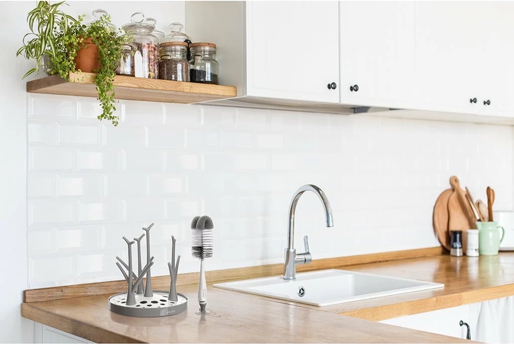 Furçë shisheje dhe biberoni me kupë thithëse, Akuku, pa BPA, majë sfungjeri, gri, set 2 copë