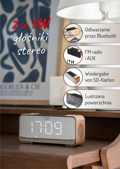 Orë alarmi me radio dhe Bluetooth, Adler AD 1190, stereo 2x3W, USB/SD/AUX, bateri 2600 mAh, ekran pasqyrë LCD i bardhë, e zezë/ngjyrë bakri