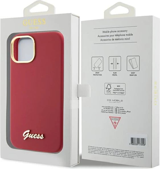 Mbështjellës Guess Silicone Script Metal Logo & Frame për iPhone 15, Kuq