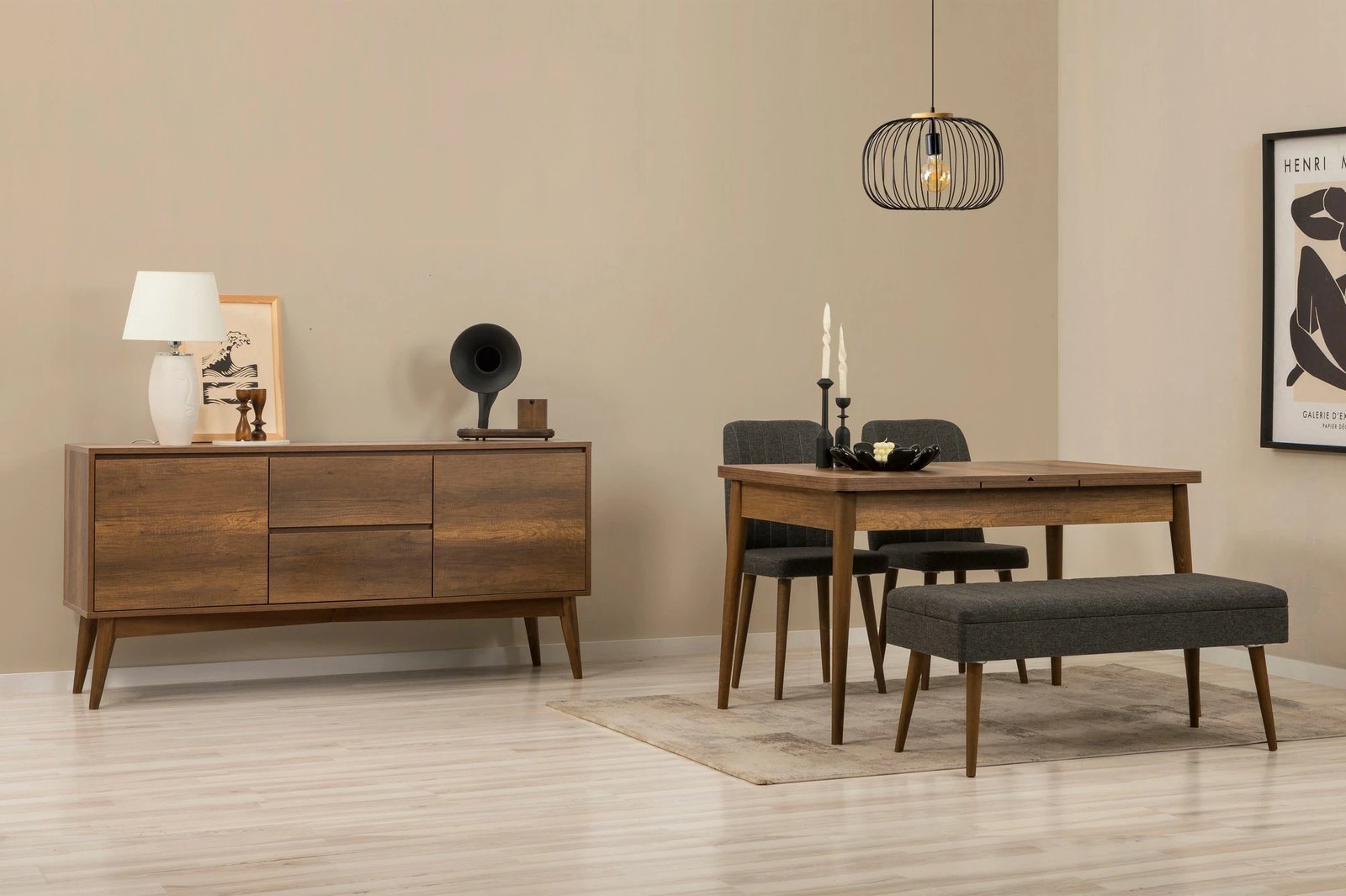 Set tavoline me karrige dhe konsolë, zgjatues, 5 pjesë, Skye Decor, Vina 02 1053, ngjyrë arre dhe antracit