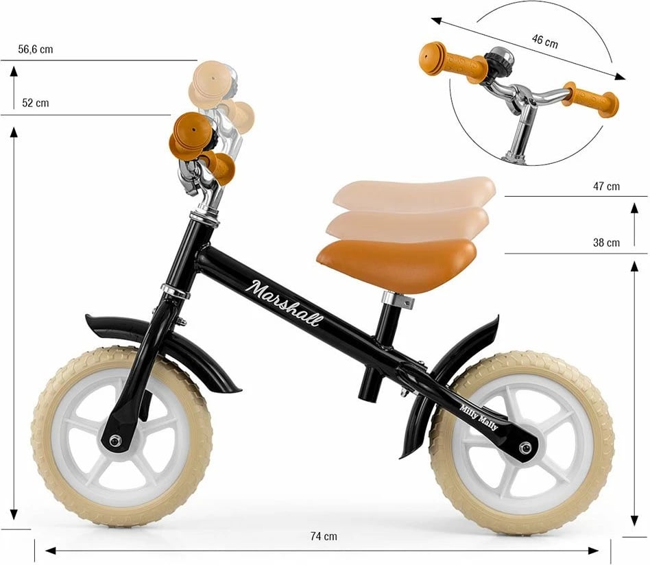 bicikletë pa pedale, Milly Mally, Marshall, rrota 10", kornizë çeliku, timon/sedilje të rregullueshme, e zezë