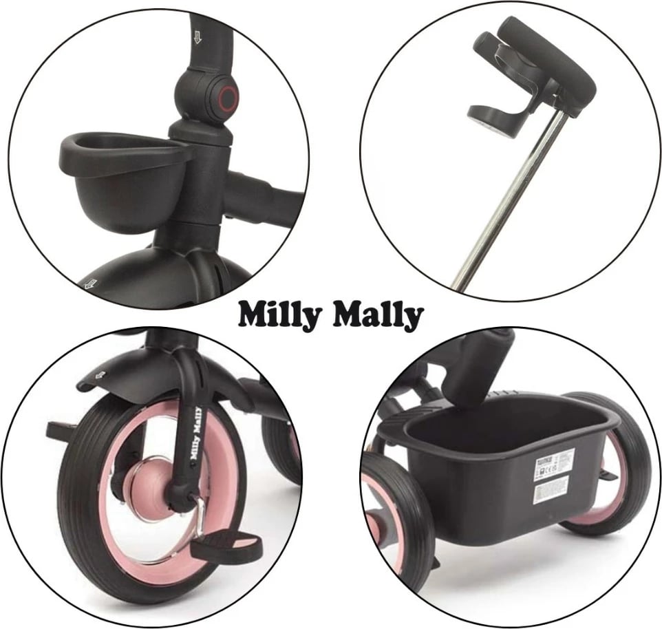 tricikël fëmijësh, Milly Mally Twinkle, sedilje rrotulluese 180°, timon prindëror i rregullueshëm, dritë LED, 12+ muaj, rozë
