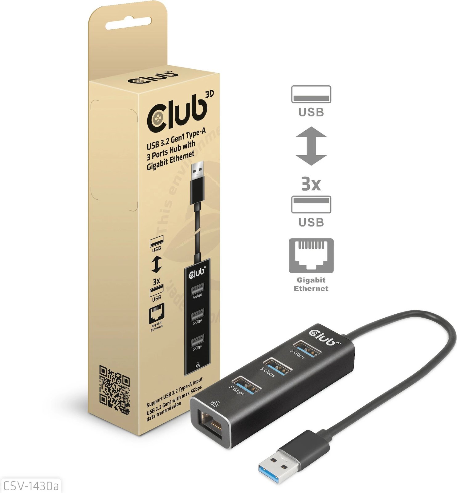 Adapter USB Club3D 3x USB 3.2 Type-A me LAN, i zi