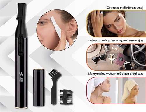 Trimer vetullash, Adler, AD 2934b, teh inoksi, krehër udhëzues 1.5/3.5 mm, trup alumini, 1x AAA, i zi